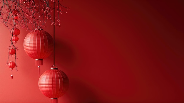 Festive Simplicity Hanging Red Lanterns on a Clean Scarlet Background with Copy Space