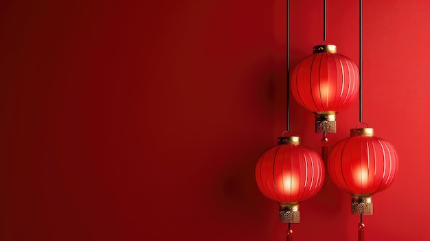 Festive Simplicity Hanging Red Lanterns on a Clean Scarlet Background with Copy Space