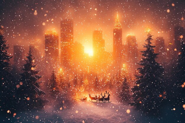 Photo a festive sleigh with reindeer rides through a snowy forest towards a glowing city skyline at sunset