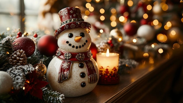 Festive snowman candle holder with a lit candle placed on a mantle soft glow