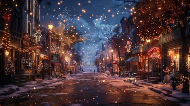 A Festive Snowy Night on a Christmas Street