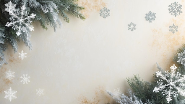 Festive Snowy Pine Branches With Lights and Snowflakes on a Cream Background