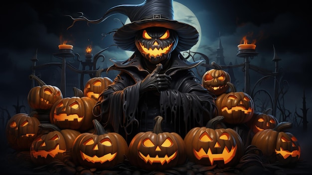 Festive And Spooky Spirit Of Halloween Pumpkin Dark Background Generative AI