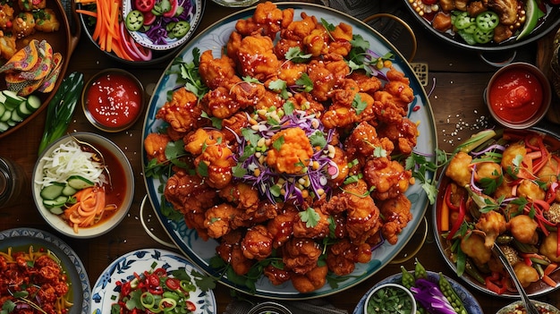 A festive spread of spicy Korean fried chicken tenders served on a communal platter surrounded