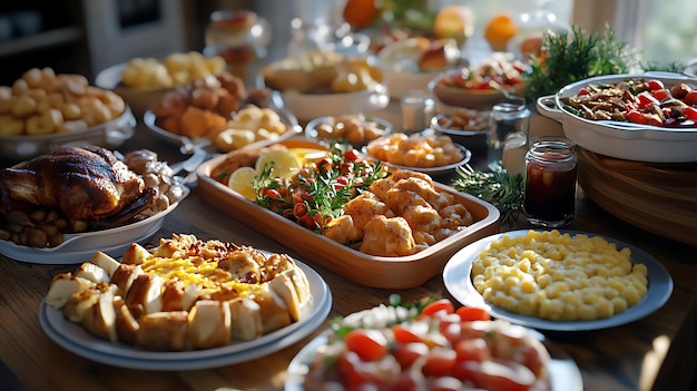 Photo a festive spread of various delicious dishes on a dining table