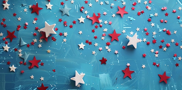 Festive stars in red white and blue on blue background for Fourth of July celebration