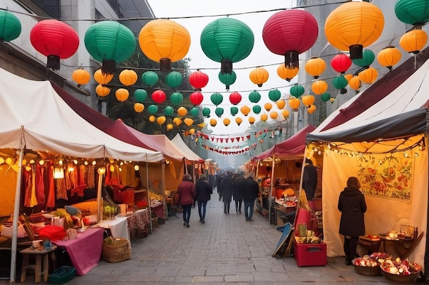 A festive street market with colorful tents and lanterns