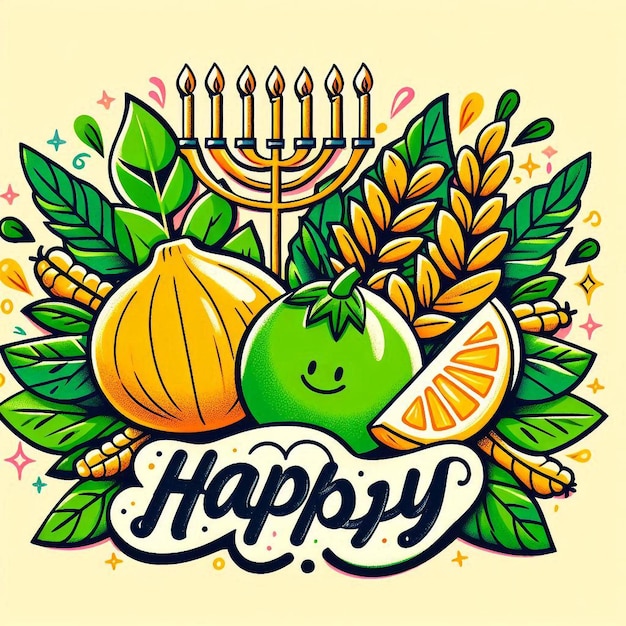 Festive Sukkot Graphic with Etrog and Lulav Colorful Playful Design for Celebrating Harvest and Nature