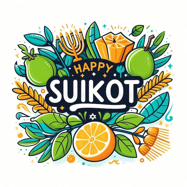 Festive Sukkot Graphic with Etrog and Lulav Colorful Playful Design for Celebrating Harvest and Nature