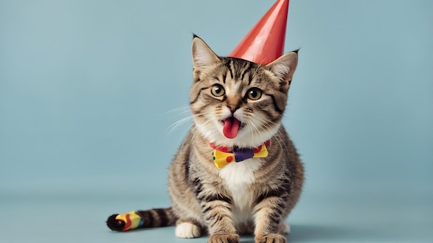 Festive Tabby Cat in Party Hat and Bow Tie