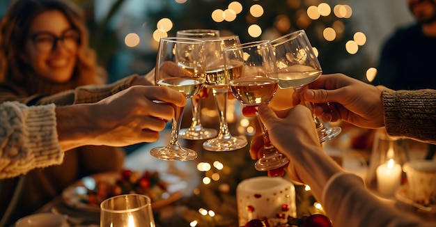 festive table Christmas New Year hands of friends with glasses of wine garlands and lights in the background