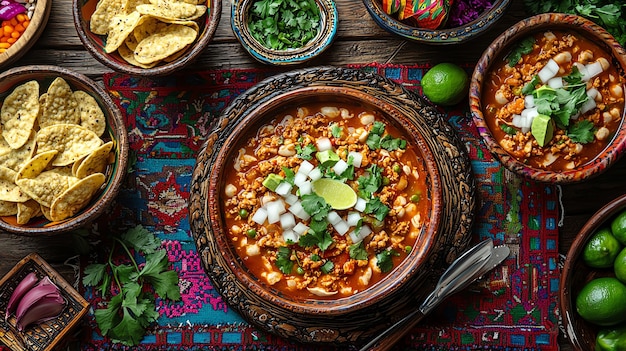 Photo festive table set with pozole in handmade bowl