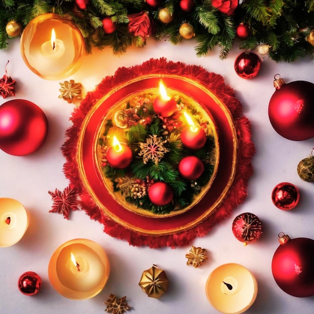 A festive table setting for Christmas with candles and ornaments