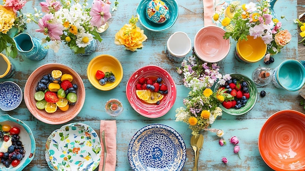 Photo festive table setting colorful crockery featuring dessert bowl salad bowl serving tray ready