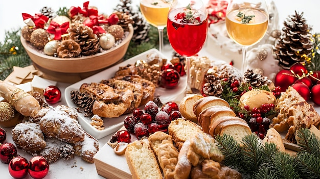 A festive table setting with assorted Christmas pastries wine glasses pine branches and ornaments