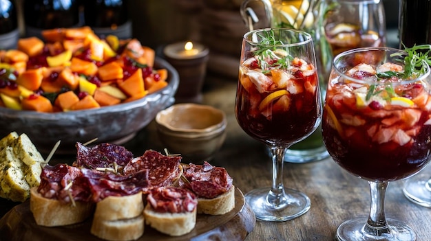 Photo a festive table setting with delectable treats and refreshing beverages