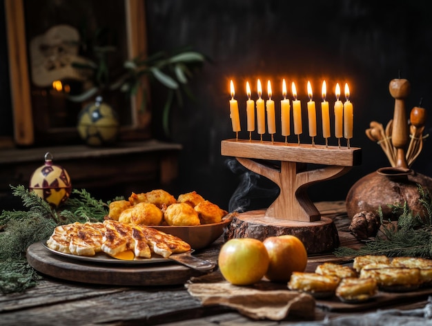 Photo festive table setting with menorah fried foods and apples