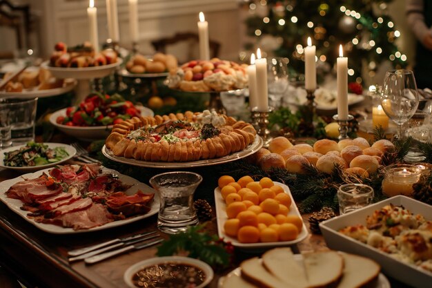 Photo festive table with christmas dinner holiday feast candles traditional food desserts family celebration new year winter delicious dishes merry atmosphere gathering concept