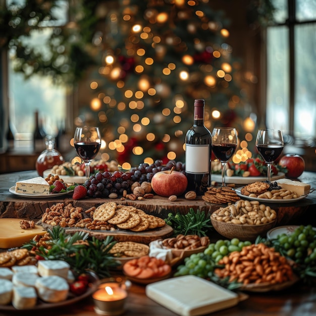 Photo festive table with wine cheese fruit nuts set in front of a twinkling christmas tree