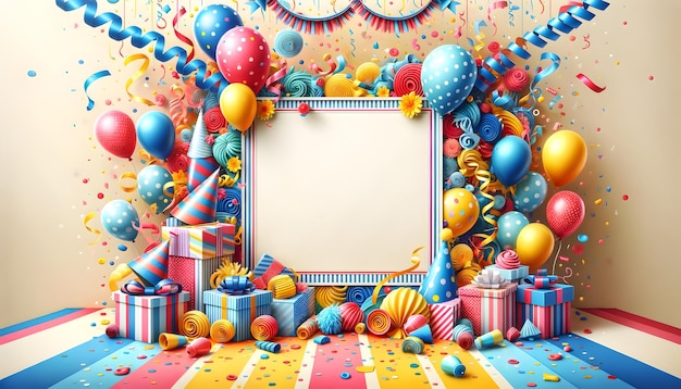 A festive template with confetti gifts and balloons ideal for celebration invites