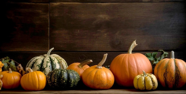 Festive thanksgiving decor of pumpkins berries and leaves on a wooden background with copy space