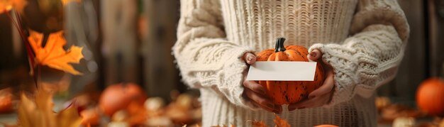 Photo festive thanksgiving greetings person holding card and pumpkin stock photo with copy space for ho