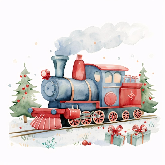 Photo festive toy train in red with gift beside it surrounded by falling snowflakes creating cheerful holiday atmosphere perfect for christmas decorations