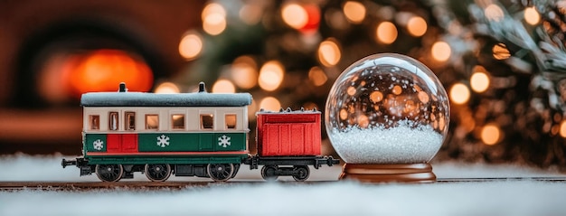 Photo festive toy train with snow globe cars creates a magical indoor christmas wonderland decorated with colorful ornaments