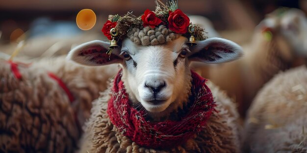 Festive Tradition Sheep with Decorative Bells Celebrating Concept Festive Traditions Sheep with Bells Decorative Celebrations