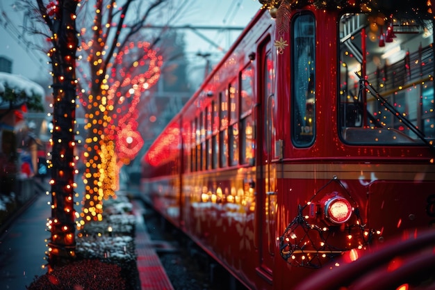 Photo festive train illuminated with christmas lights at dusk