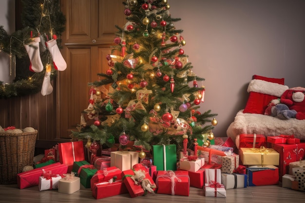 A festive tree surrounded by presents and stockings