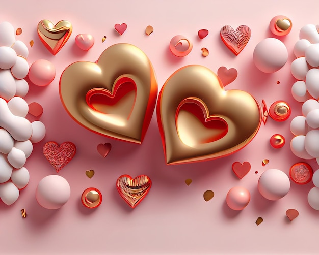 Festive Valentine's background with red and gold hearts on the background Illustration Generative AI