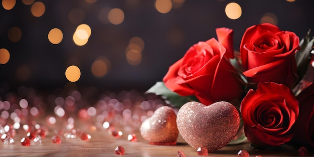 Festive valentines background with sparkling hearts decoration and red roses flowers Valentine mothers womens day wedding or birthday banner concept with copy space