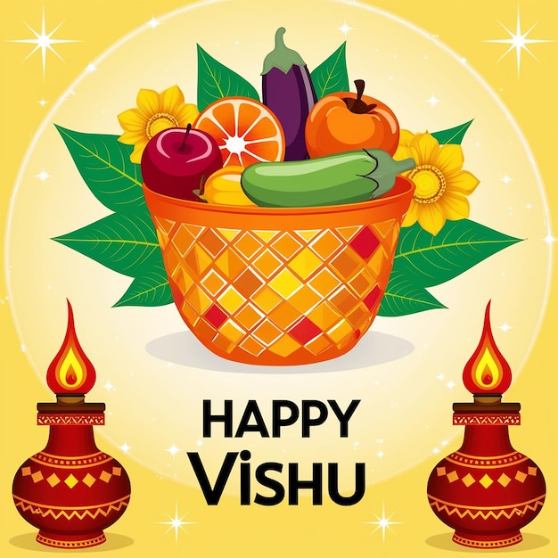 Photo festive vishu illustration vibrant basket fruits flowers traditional lamps