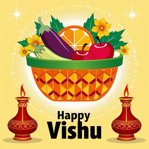 Photo festive vishu illustration vibrant basket fruits flowers traditional lamps