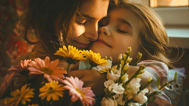 Festive warmth of Mother39s Day Child offering card and flowers to mother