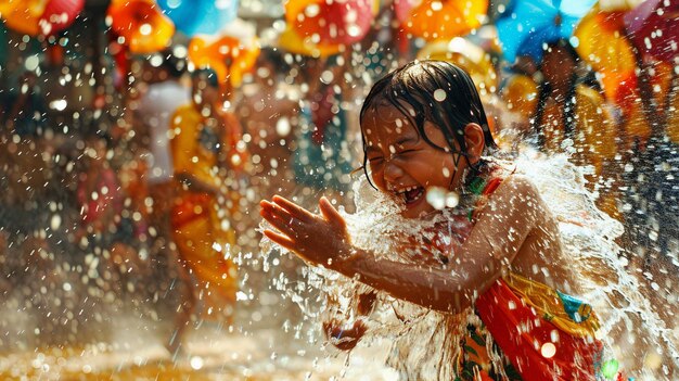 Festive Water Splashing Fun with Little Girl at Songkran Festival