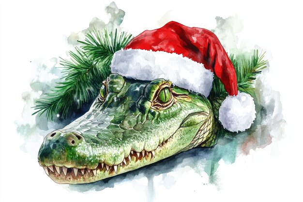 A festive watercolor illustration of a crocodile wearing a Santa hat surrounded by pine branch