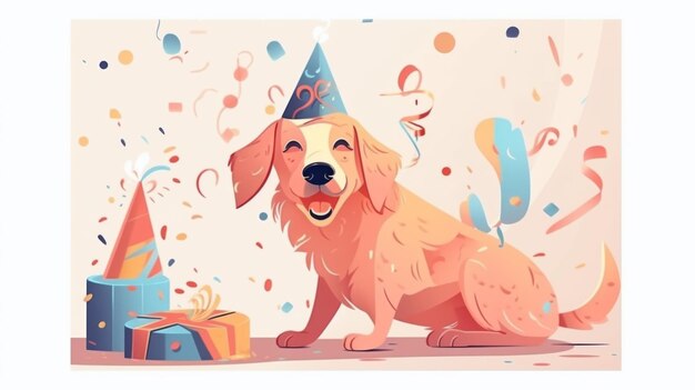 Photo a festive whimsical white dog wearing a party hat surrounded by confetti and balloons joyfully celebrating at a birthday party generative ai