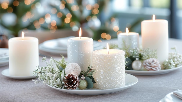 Festive White Candles with Christmas Decorations on a Table