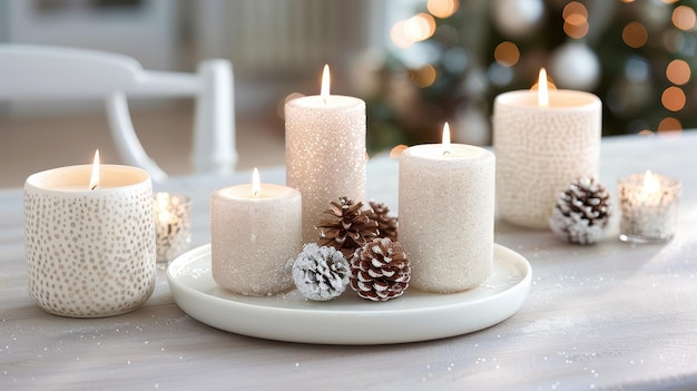 Festive White Candles with Pine Cones on a White Plate