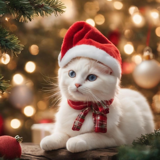 A festive white feline donning a Santa hat and red bow sits on a wooden table