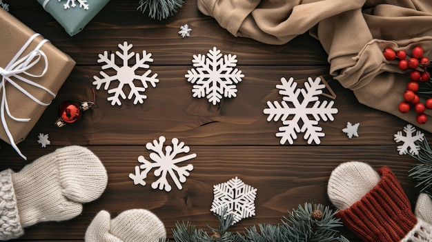 Festive Winter Flat Lay with Snowflakes Wrapped Gifts Mittens and Pine Branches on a Wooden Table