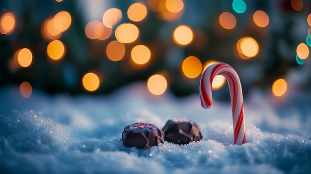 A festive winter scene featuring a candy cane amidst snow and chocolate treats under twinkling