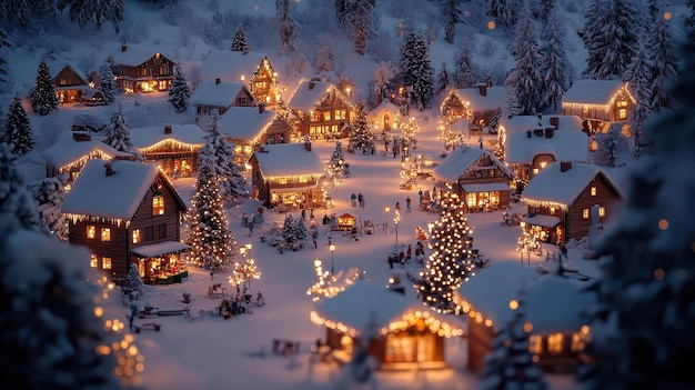 Photo festive winter village at night with christmas lights and snow