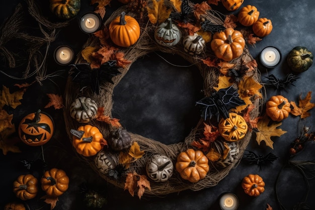 Festive wreath adorned with pumpkins and candles Generative AI