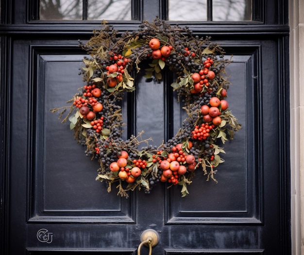 A festive wreath hanging on a front door