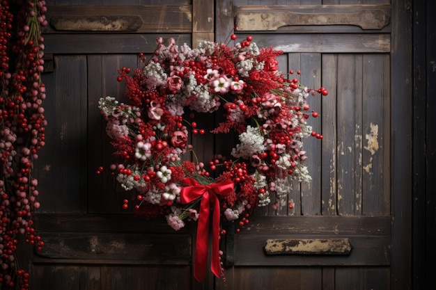 Festive wreath hanging on a rustic wooden door