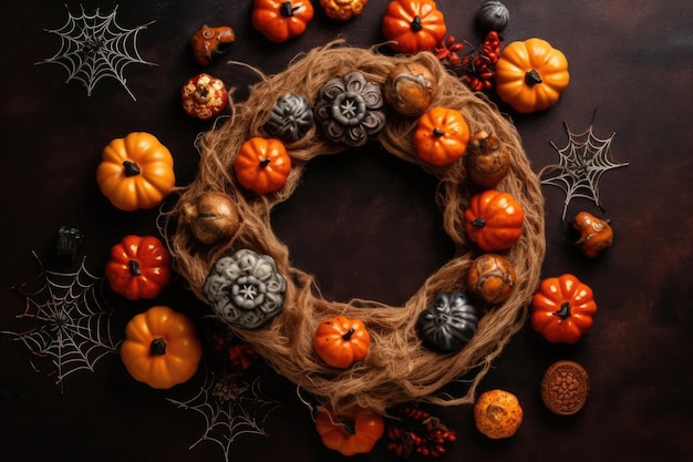 Festive wreath made out of pumpkins and autumn decorations Generative AI