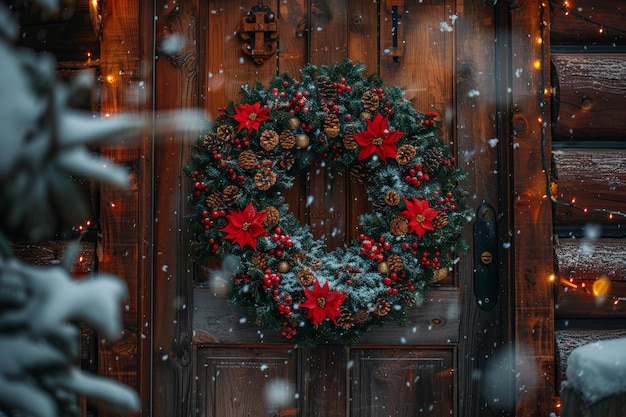 Festive Wreath on Rustic Door in Winter